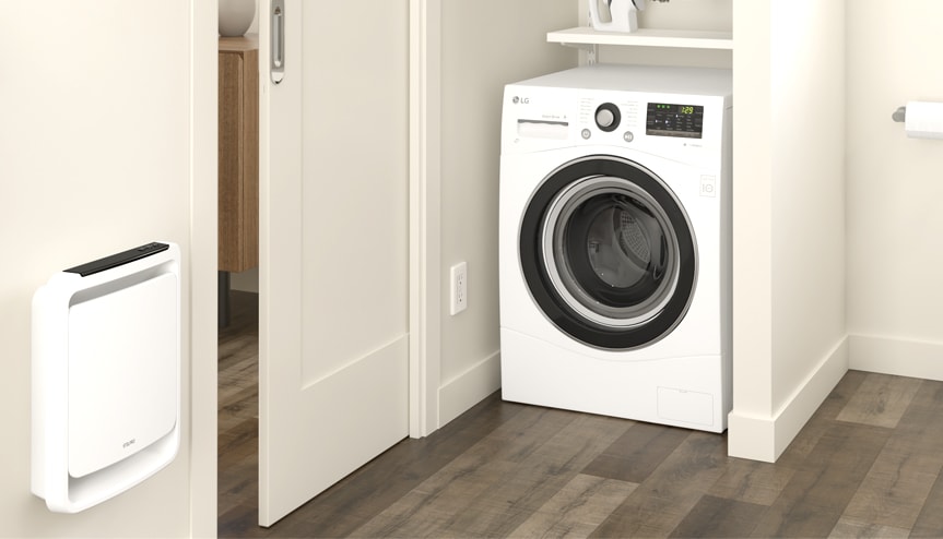 All-in-one washer and dryer in a small bathroom
