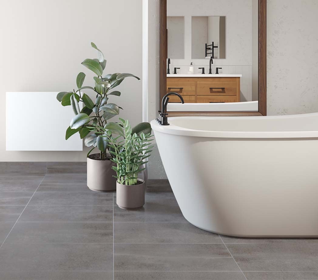 Salle de bain au look zen avec plancher en céramique gris