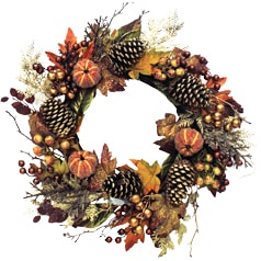 Fall wreath with pinecones, pumpkins and fall leaves