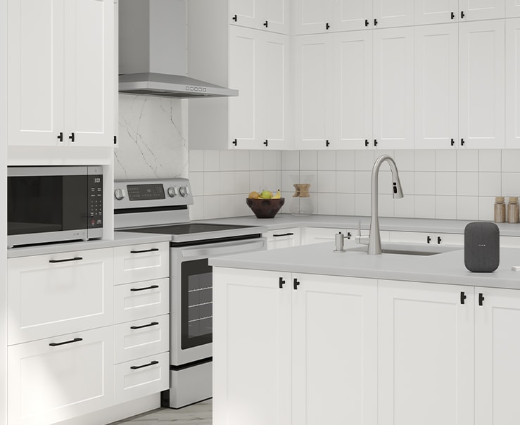 Kitchen with sleek white cabinets