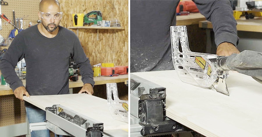 Person cutting wood shelves using a mitre saw