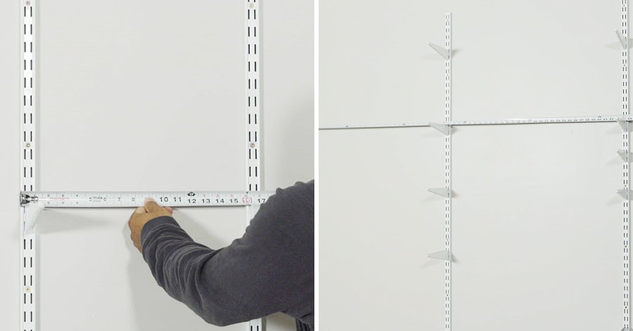 Person measuring the distance between two shelf brackets