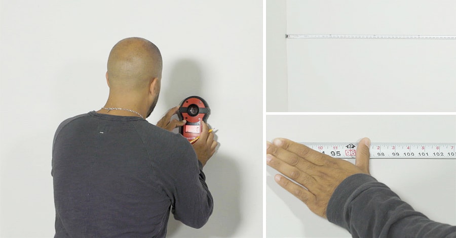 Person measuring a wall and using a stud finder